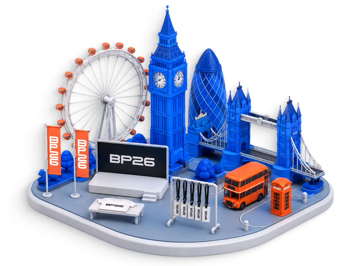 A model of the host city built in blue and white, with flags, a crate and a stack of merchandise on a plinth
