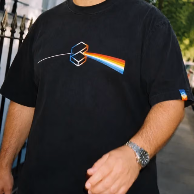 Black tee with a prism and spectrum print